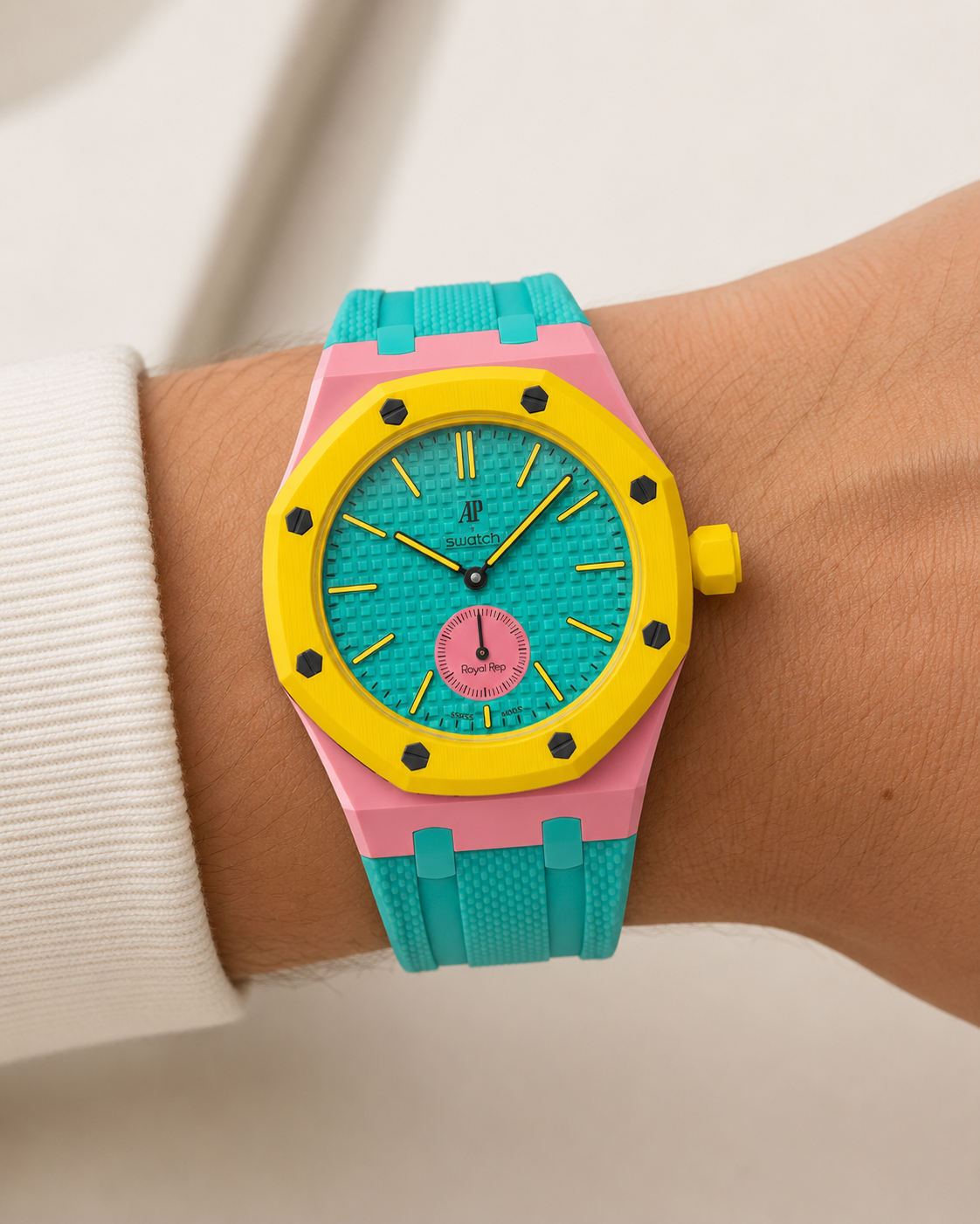 AP x Swatch Royal Pop fitted with a StrapWatch replacement strap